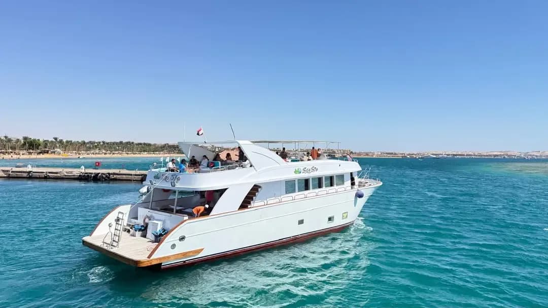 Sea Spy cruise boat departing for a Red Sea dolphin and snorkeling trip